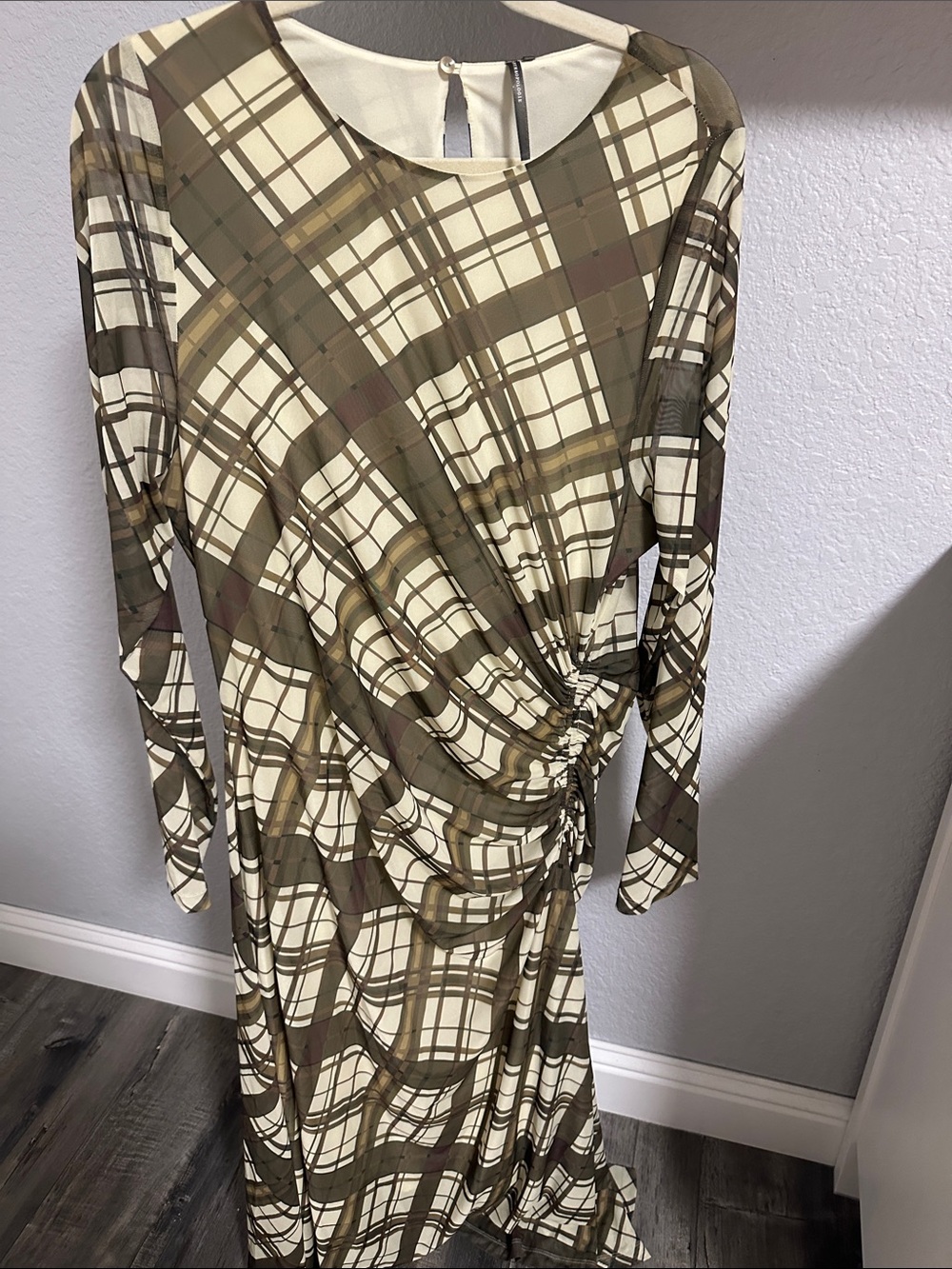 Anthropologie Olive, Cream & Brown Plaid Long Sleeve Knot Dress